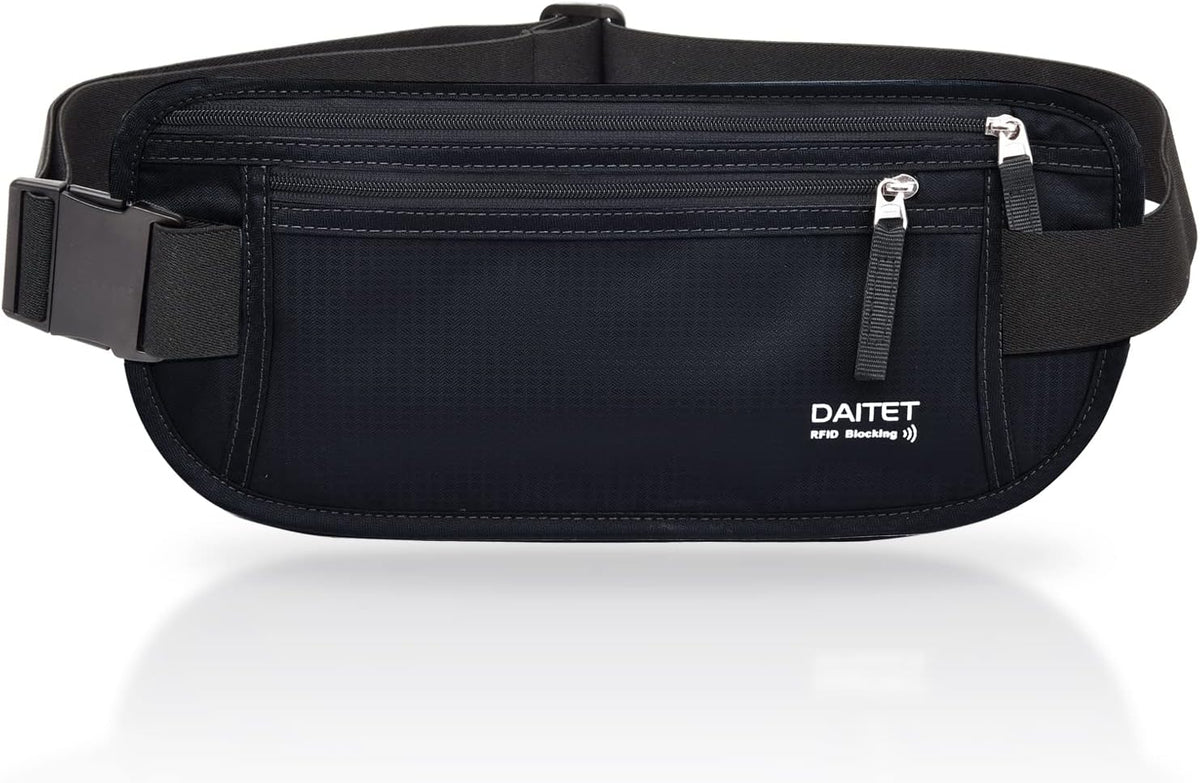 Money Belt - Passport Holder Secure Hidden Travel Wallet with RFID Blocking, Undercover Fanny Pack (Black)