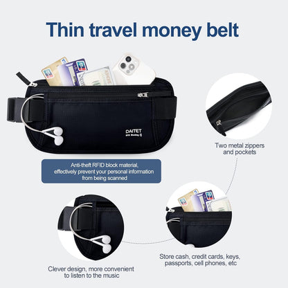 Money Belt - Passport Holder Secure Hidden Travel Wallet with RFID Blocking, Undercover Fanny Pack (Black)