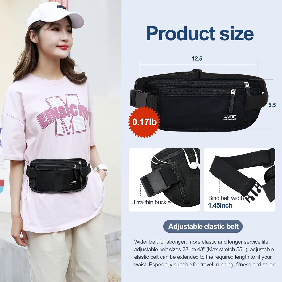 Money Belt - Passport Holder Secure Hidden Travel Wallet with RFID Blocking, Undercover Fanny Pack (Black)