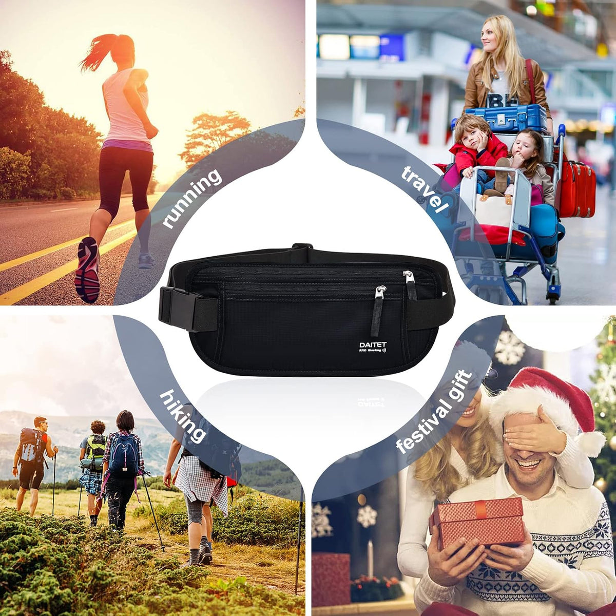 Money Belt - Passport Holder Secure Hidden Travel Wallet with RFID Blocking, Undercover Fanny Pack (Black)