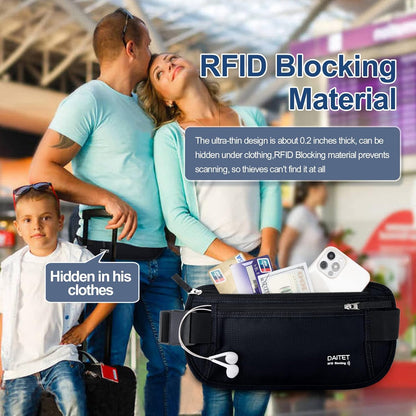 Money Belt - Passport Holder Secure Hidden Travel Wallet with RFID Blocking, Undercover Fanny Pack (Black)