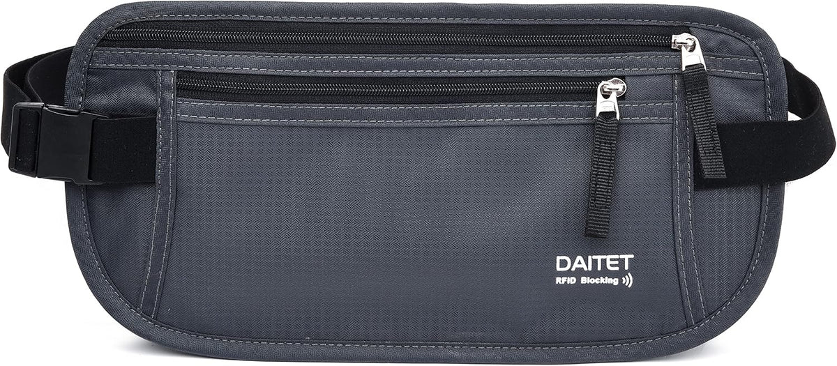Money Belt - Passport Holder Secure Hidden Travel Wallet with RFID Blocking, Undercover Fanny Pack (Black)