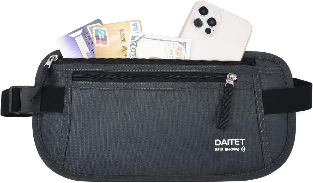 Money Belt - Passport Holder Secure Hidden Travel Wallet with RFID Blocking, Undercover Fanny Pack (Black)