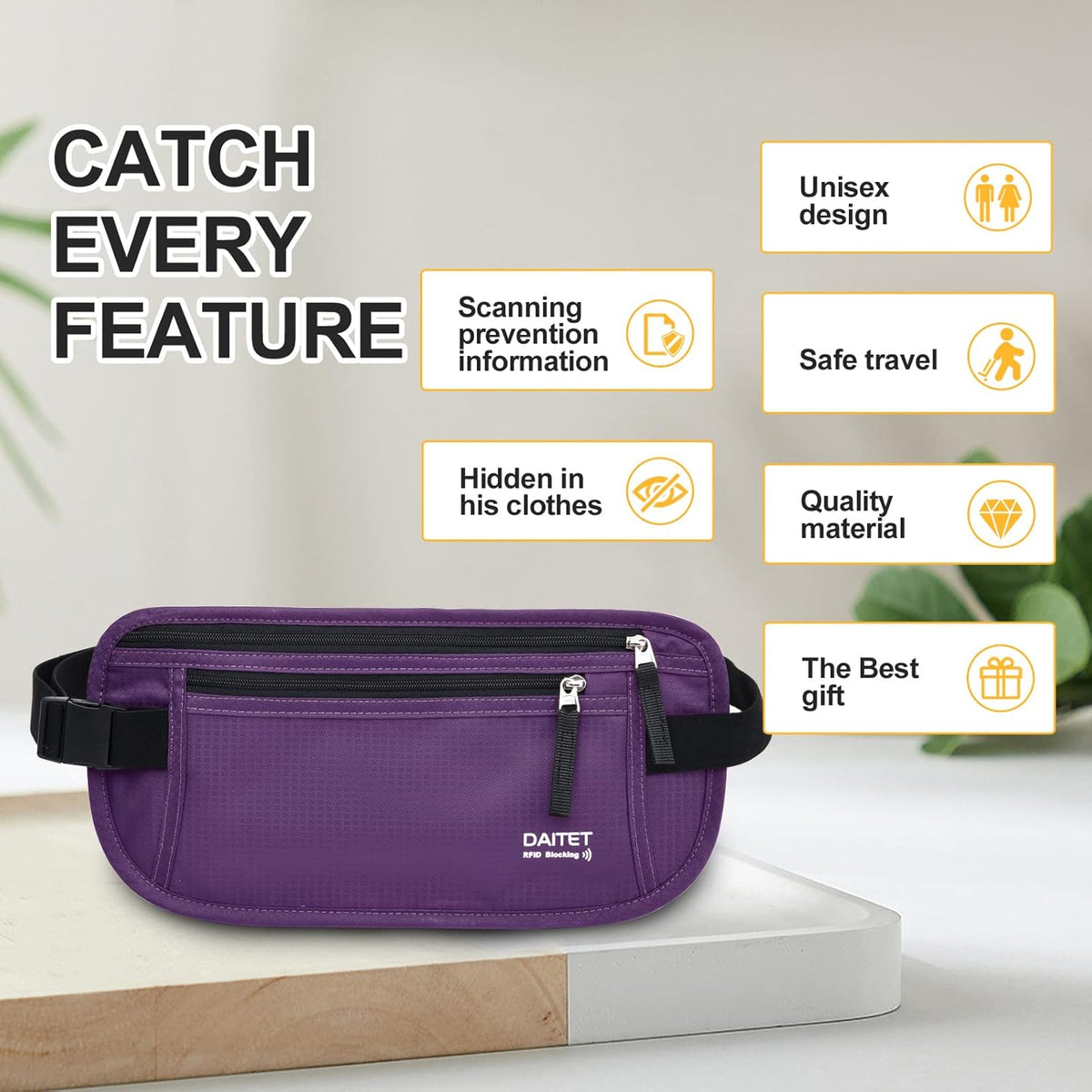 Money Belt - Passport Holder Secure Hidden Travel Wallet with RFID Blocking, Undercover Fanny Pack (Black)
