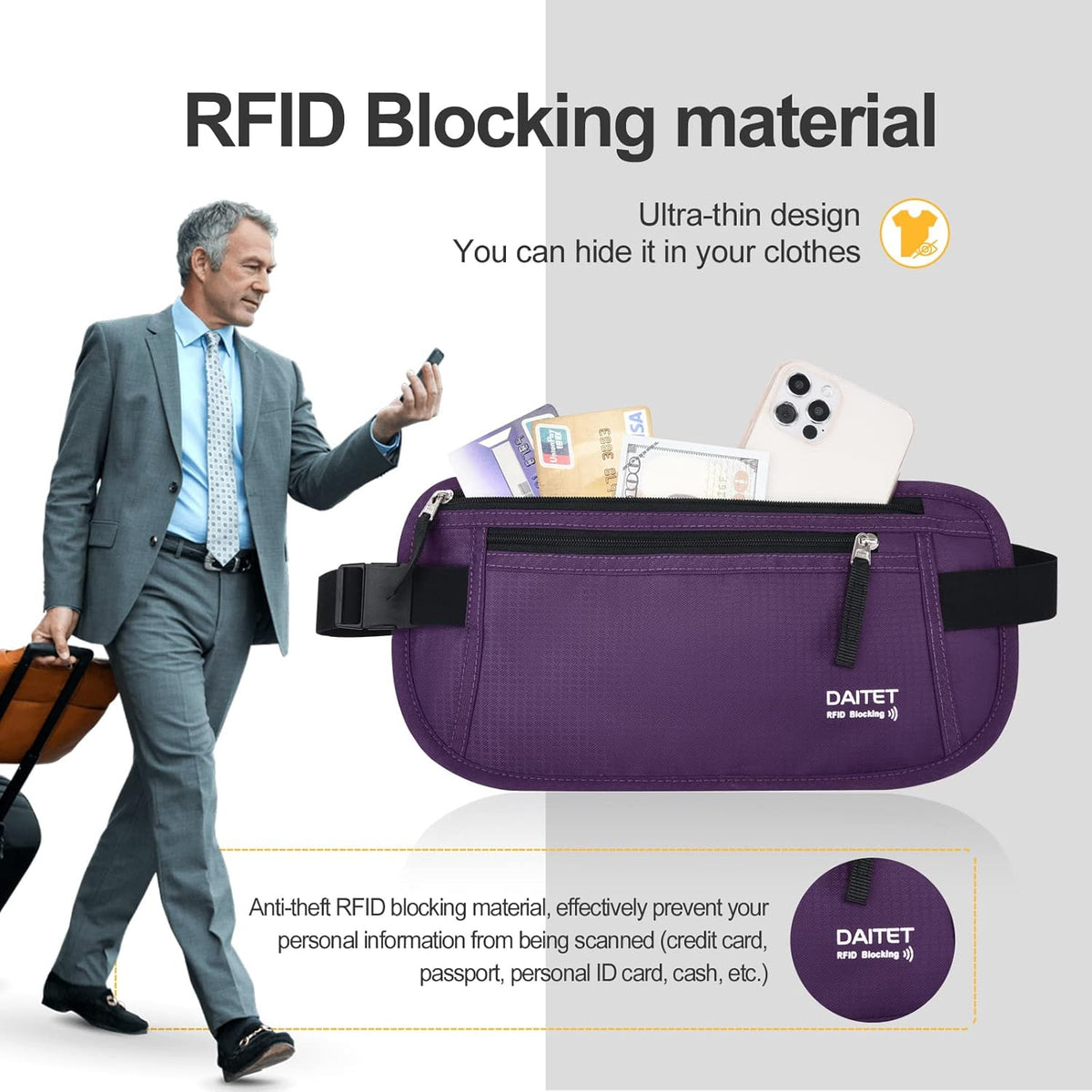 Money Belt - Passport Holder Secure Hidden Travel Wallet with RFID Blocking, Undercover Fanny Pack (Black)