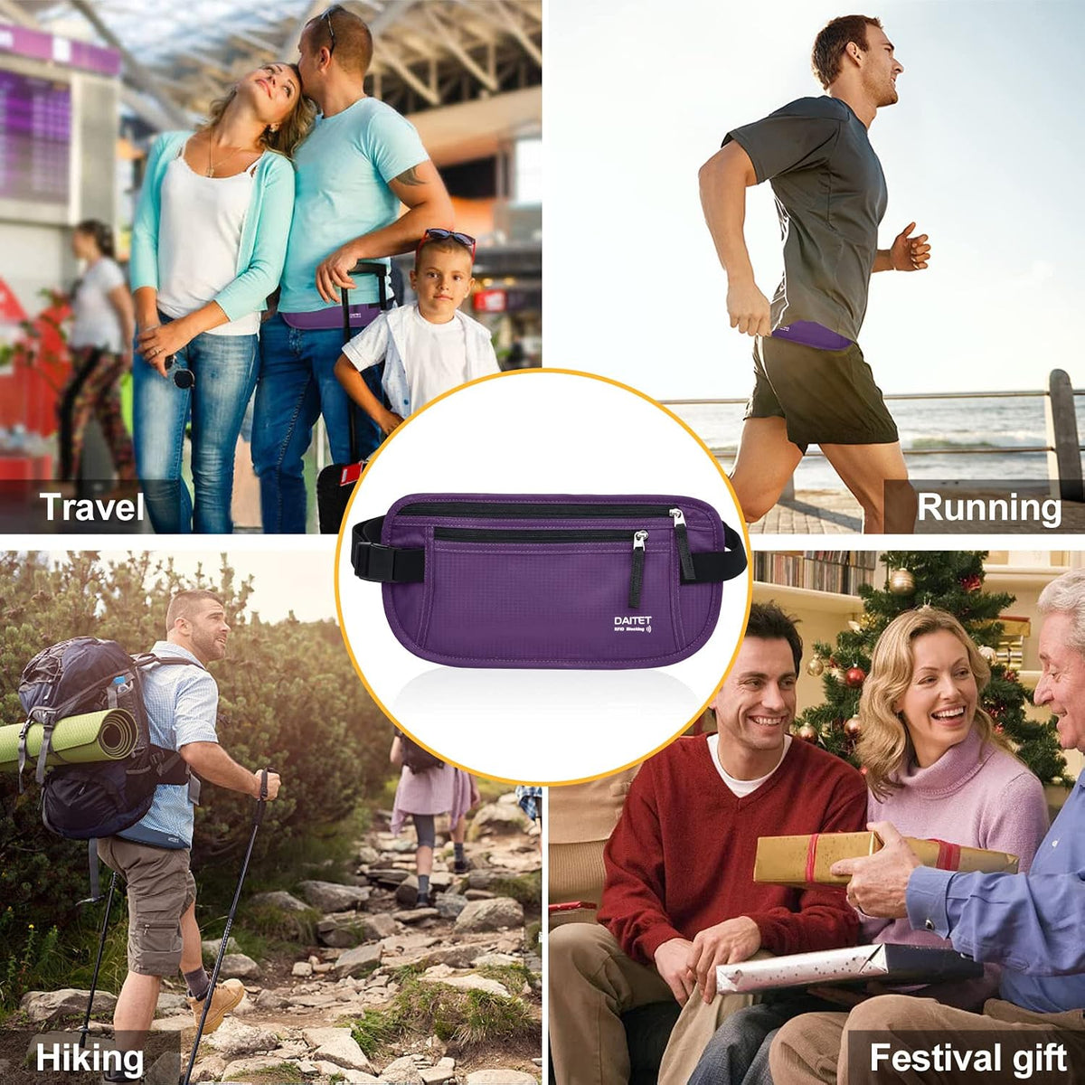 Money Belt - Passport Holder Secure Hidden Travel Wallet with RFID Blocking, Undercover Fanny Pack (Black)