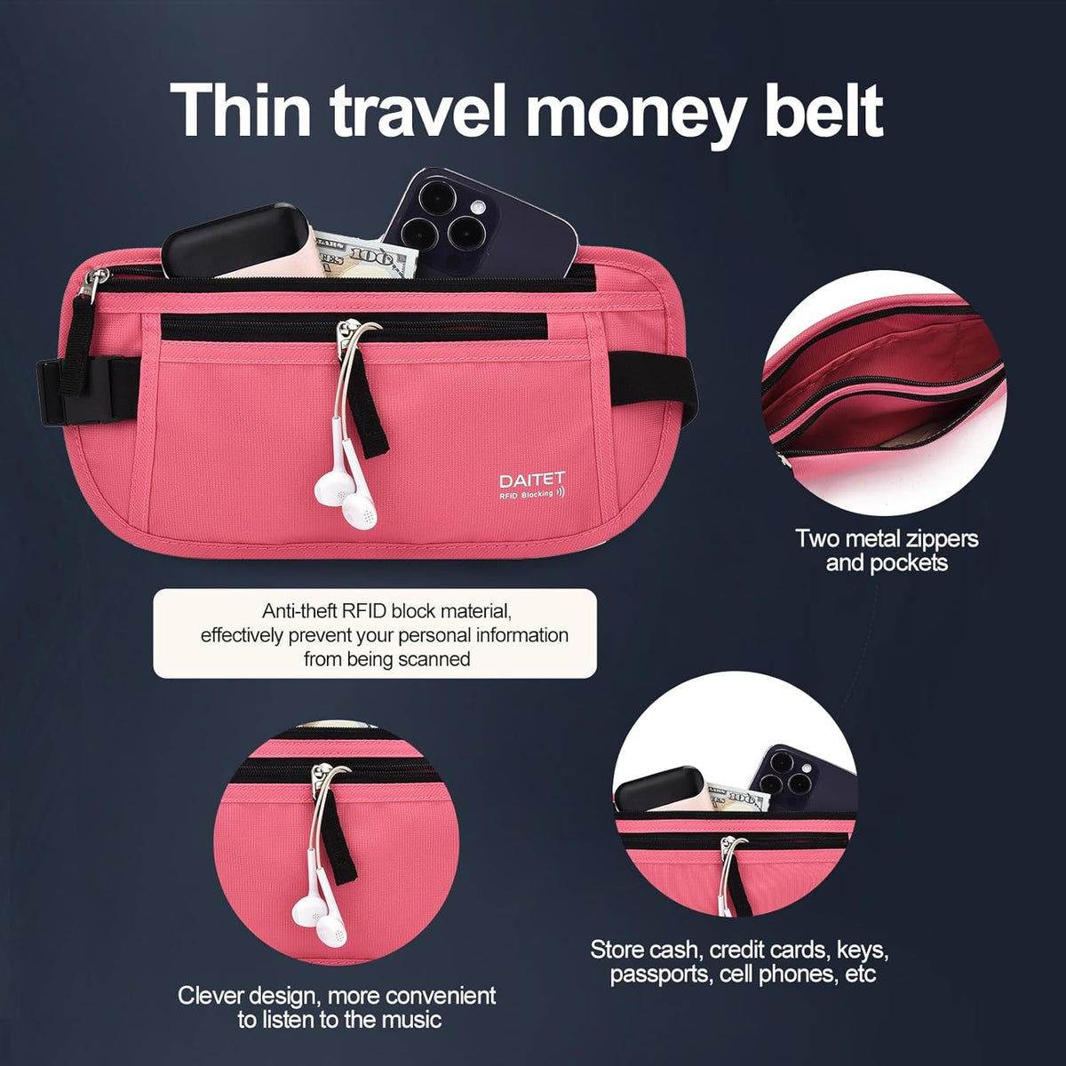 Money Belt - Passport Holder Secure Hidden Travel Wallet with RFID Blocking, Undercover Fanny Pack (Black)