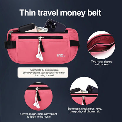Money Belt - Passport Holder Secure Hidden Travel Wallet with RFID Blocking, Undercover Fanny Pack (Black)