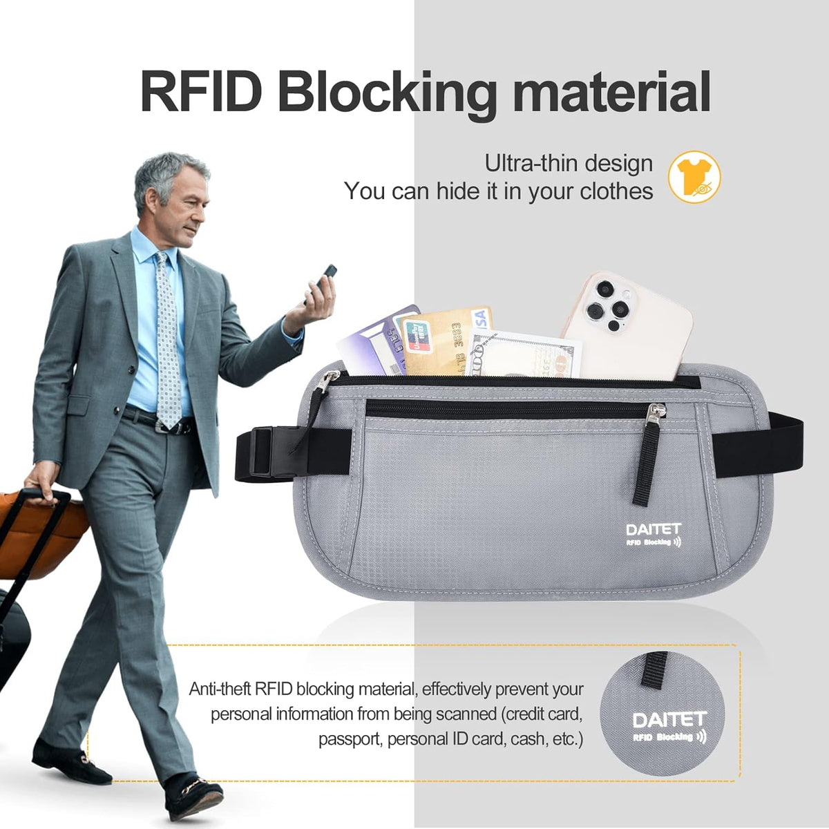 Money Belt - Passport Holder Secure Hidden Travel Wallet with RFID Blocking, Undercover Fanny Pack (Black)