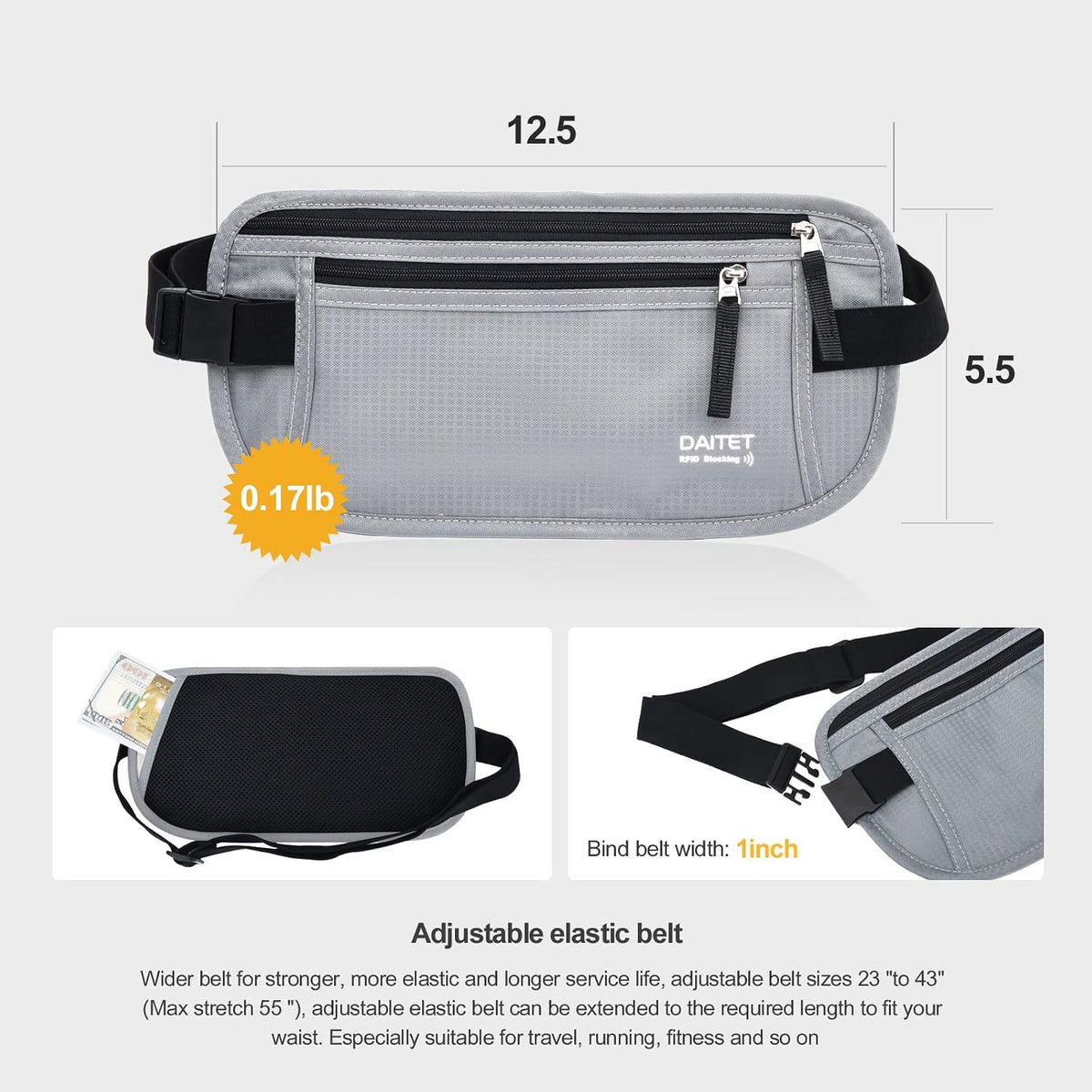 Money Belt - Passport Holder Secure Hidden Travel Wallet with RFID Blocking, Undercover Fanny Pack (Black)