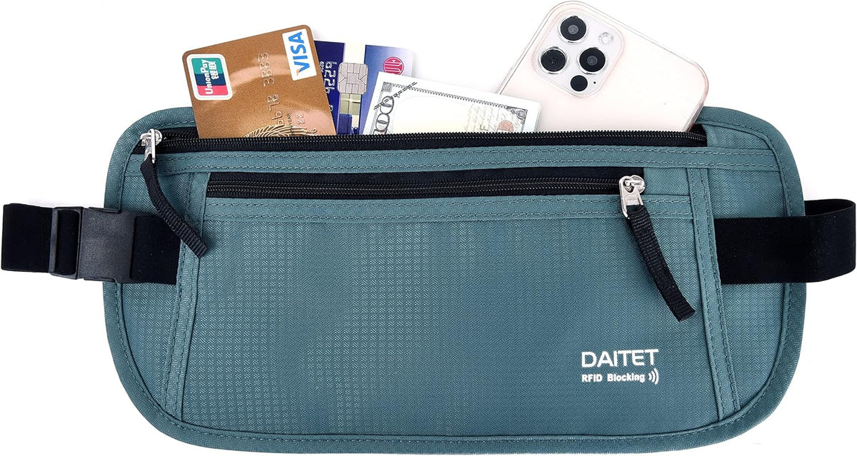 Money Belt - Passport Holder Secure Hidden Travel Wallet with RFID Blocking, Undercover Fanny Pack (Black)