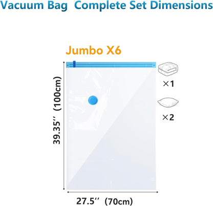 18 Pack Vacuum Storage Bags，Space Saver Bags(4 Jumbo/4 Large/4 Medium/3 Small/3 Roll),Compression for Comforters and Blankets, Sealer Clothes Storage, Hand Pump Included