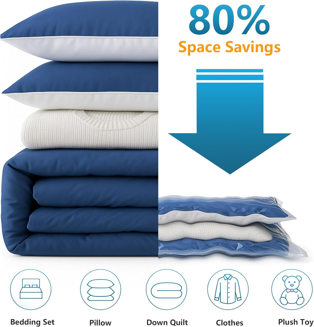 18 Pack Vacuum Storage Bags，Space Saver Bags(4 Jumbo/4 Large/4 Medium/3 Small/3 Roll),Compression for Comforters and Blankets, Sealer Clothes Storage, Hand Pump Included