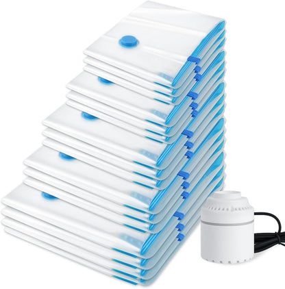 18 Pack Vacuum Storage Bags，Space Saver Bags(4 Jumbo/4 Large/4 Medium/3 Small/3 Roll),Compression for Comforters and Blankets, Sealer Clothes Storage, Hand Pump Included