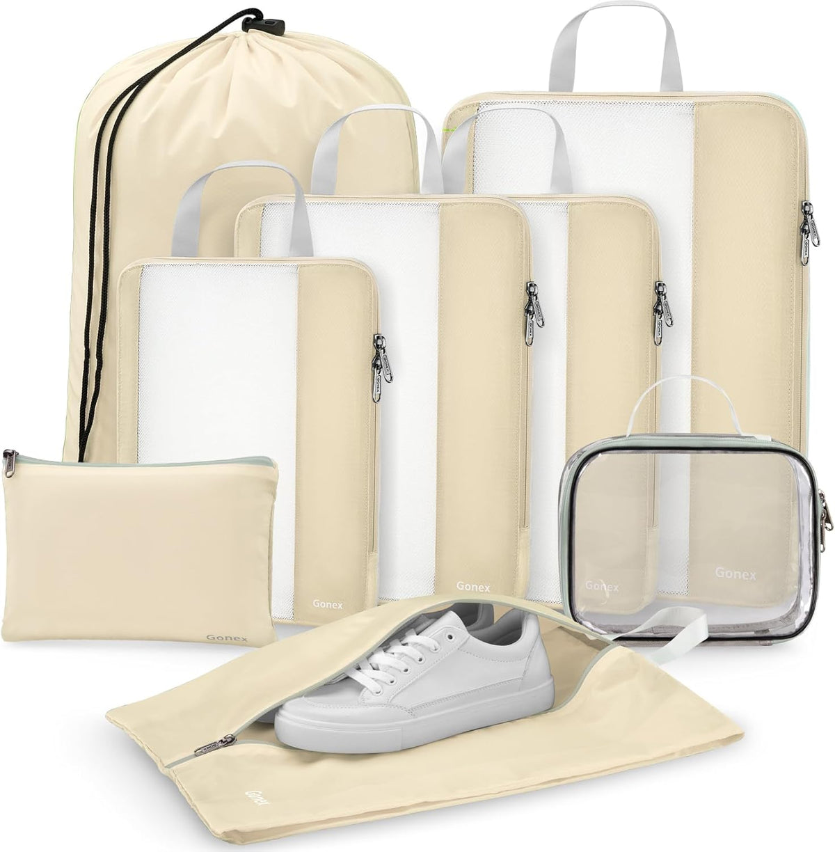 8 Set Expandable Mesh Packing Cubes for Travel Essentials, Compression Organizer with Toiletry, Laundry, Shoe, Cable Bags - Beige