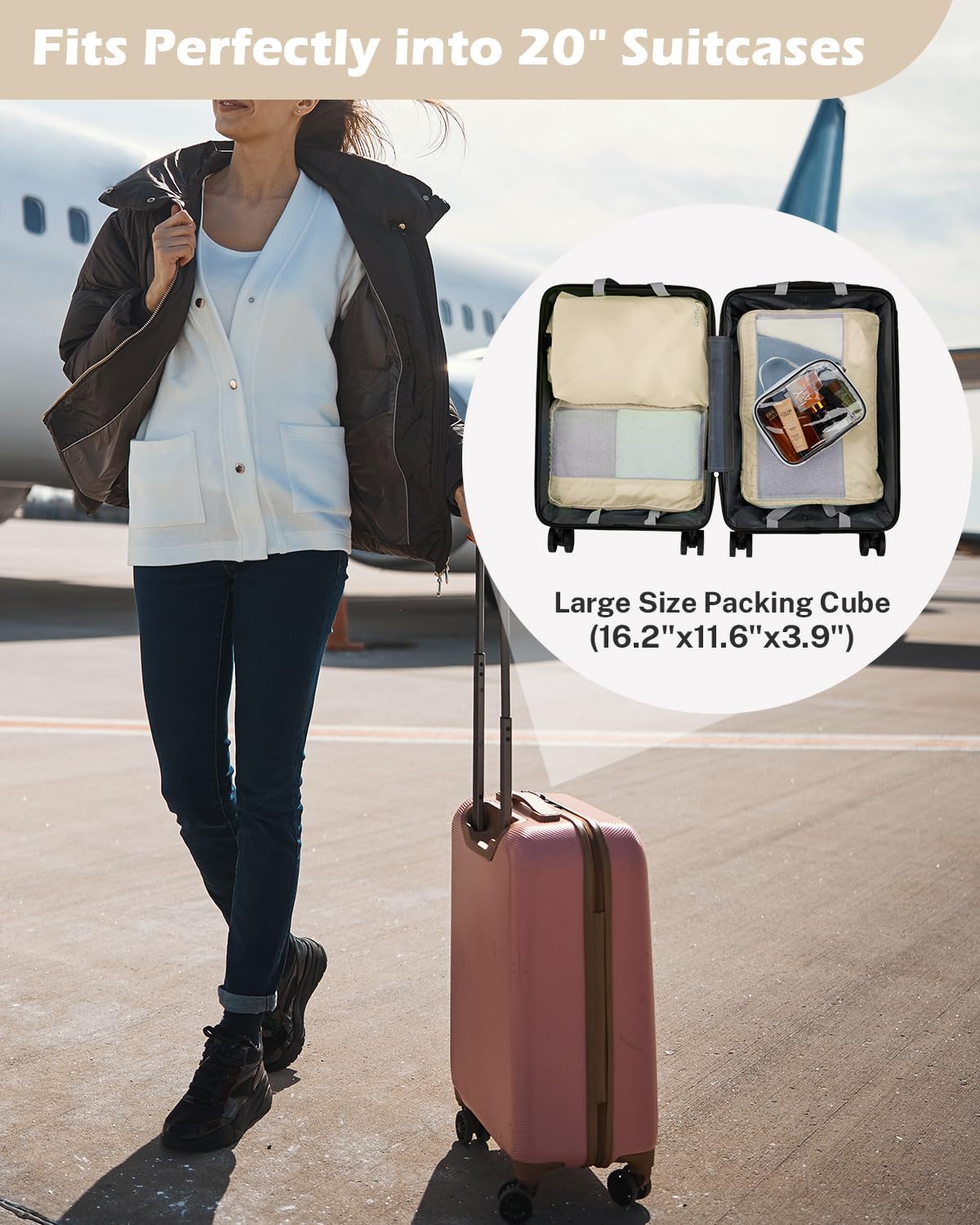 8 Set Expandable Mesh Packing Cubes for Travel Essentials, Compression Organizer with Toiletry, Laundry, Shoe, Cable Bags - Beige