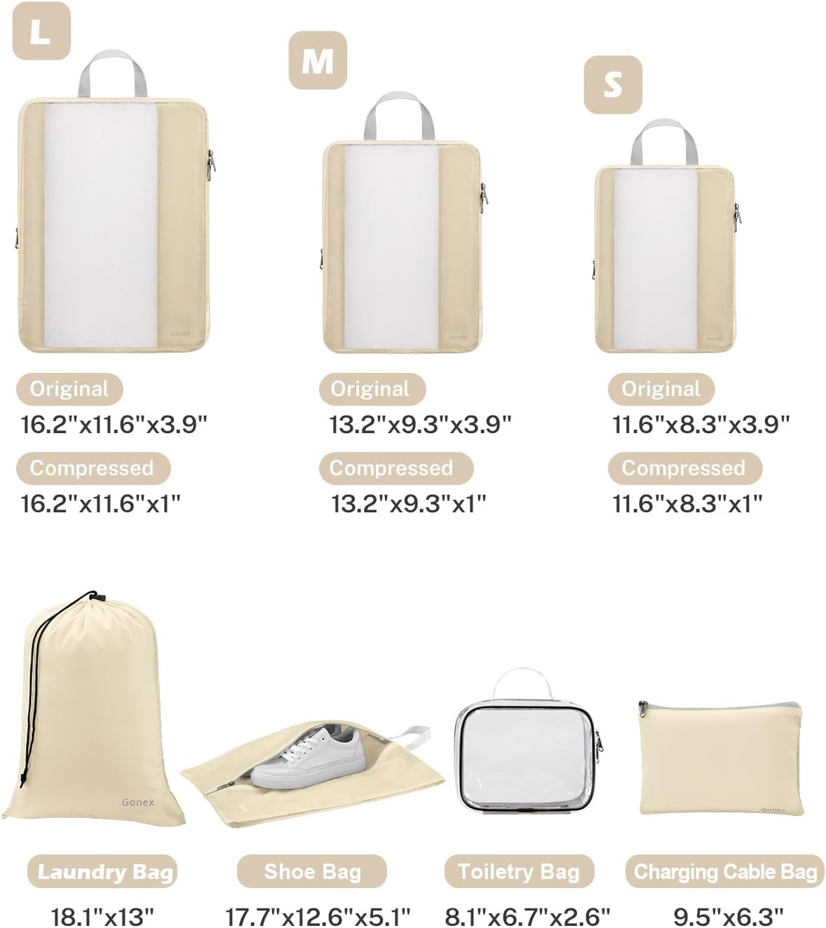 8 Set Expandable Mesh Packing Cubes for Travel Essentials, Compression Organizer with Toiletry, Laundry, Shoe, Cable Bags - Beige