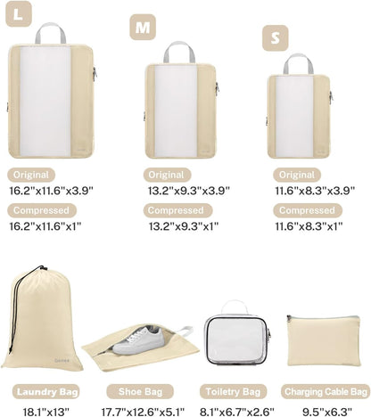 8 Set Expandable Mesh Packing Cubes for Travel Essentials, Compression Organizer with Toiletry, Laundry, Shoe, Cable Bags - Beige