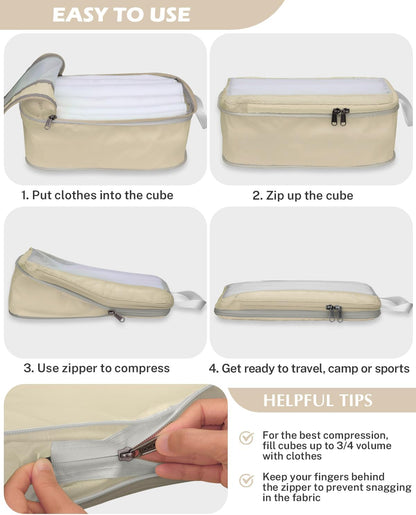 8 Set Expandable Mesh Packing Cubes for Travel Essentials, Compression Organizer with Toiletry, Laundry, Shoe, Cable Bags - Beige