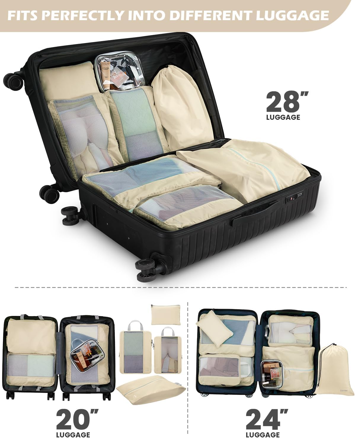 8 Set Expandable Mesh Packing Cubes for Travel Essentials, Compression Organizer with Toiletry, Laundry, Shoe, Cable Bags - Beige