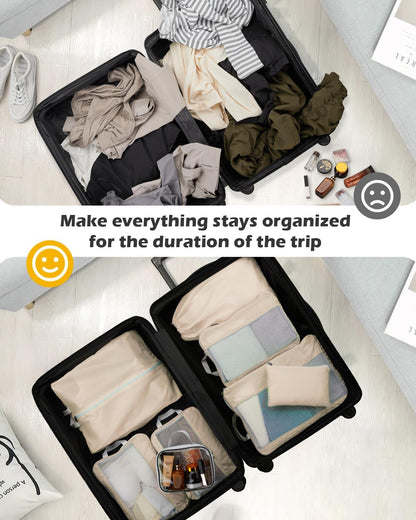 8 Set Expandable Mesh Packing Cubes for Travel Essentials, Compression Organizer with Toiletry, Laundry, Shoe, Cable Bags - Beige