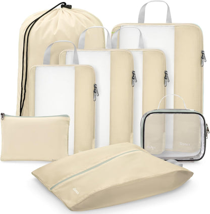 8 Set Expandable Mesh Packing Cubes for Travel Essentials, Compression Organizer with Toiletry, Laundry, Shoe, Cable Bags - Beige