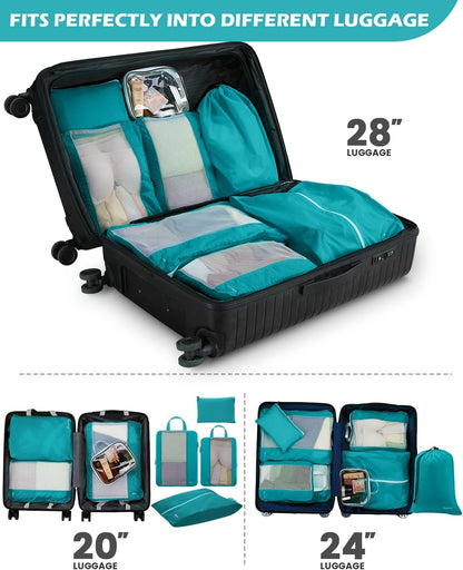 8 Set Expandable Mesh Packing Cubes for Travel Essentials, Compression Organizer with Toiletry, Laundry, Shoe, Cable Bags - Beige