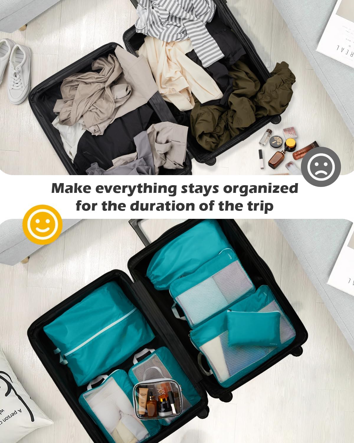 8 Set Expandable Mesh Packing Cubes for Travel Essentials, Compression Organizer with Toiletry, Laundry, Shoe, Cable Bags - Beige