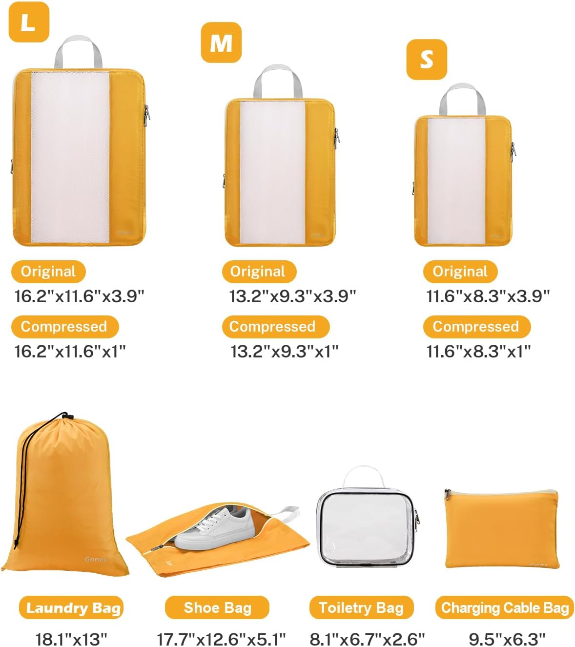 8 Set Expandable Mesh Packing Cubes for Travel Essentials, Compression Organizer with Toiletry, Laundry, Shoe, Cable Bags - Beige