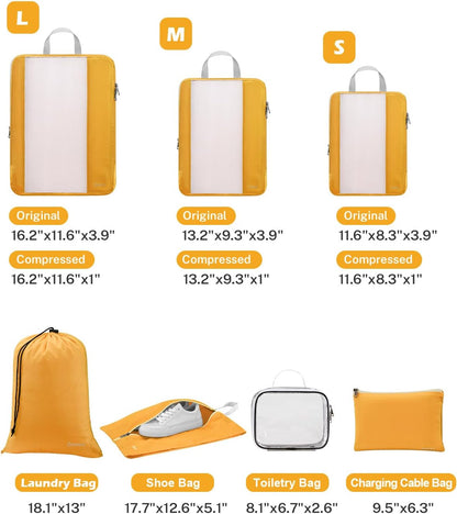 8 Set Expandable Mesh Packing Cubes for Travel Essentials, Compression Organizer with Toiletry, Laundry, Shoe, Cable Bags - Beige