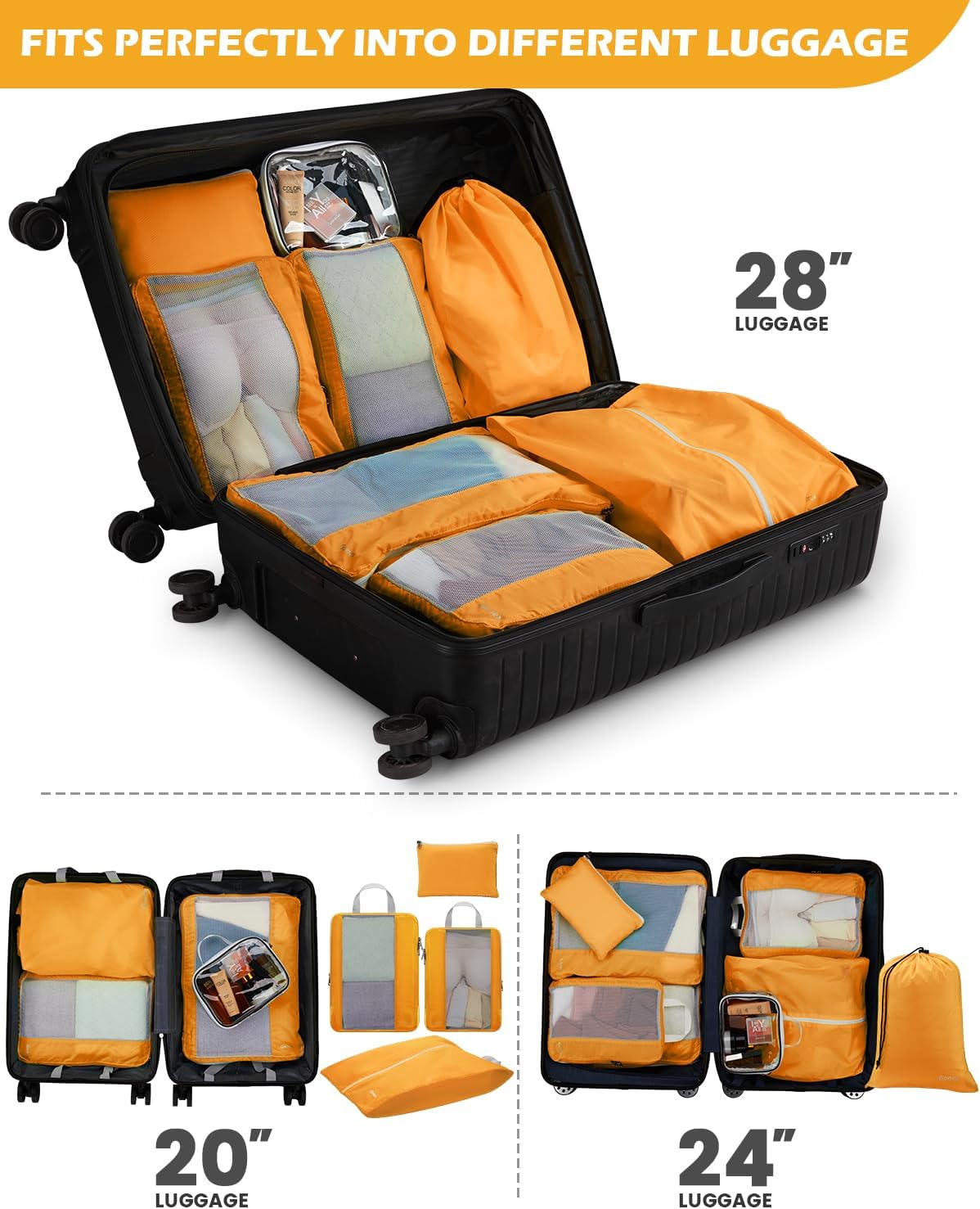 8 Set Expandable Mesh Packing Cubes for Travel Essentials, Compression Organizer with Toiletry, Laundry, Shoe, Cable Bags - Beige