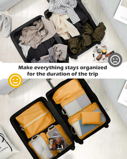 8 Set Expandable Mesh Packing Cubes for Travel Essentials, Compression Organizer with Toiletry, Laundry, Shoe, Cable Bags - Beige