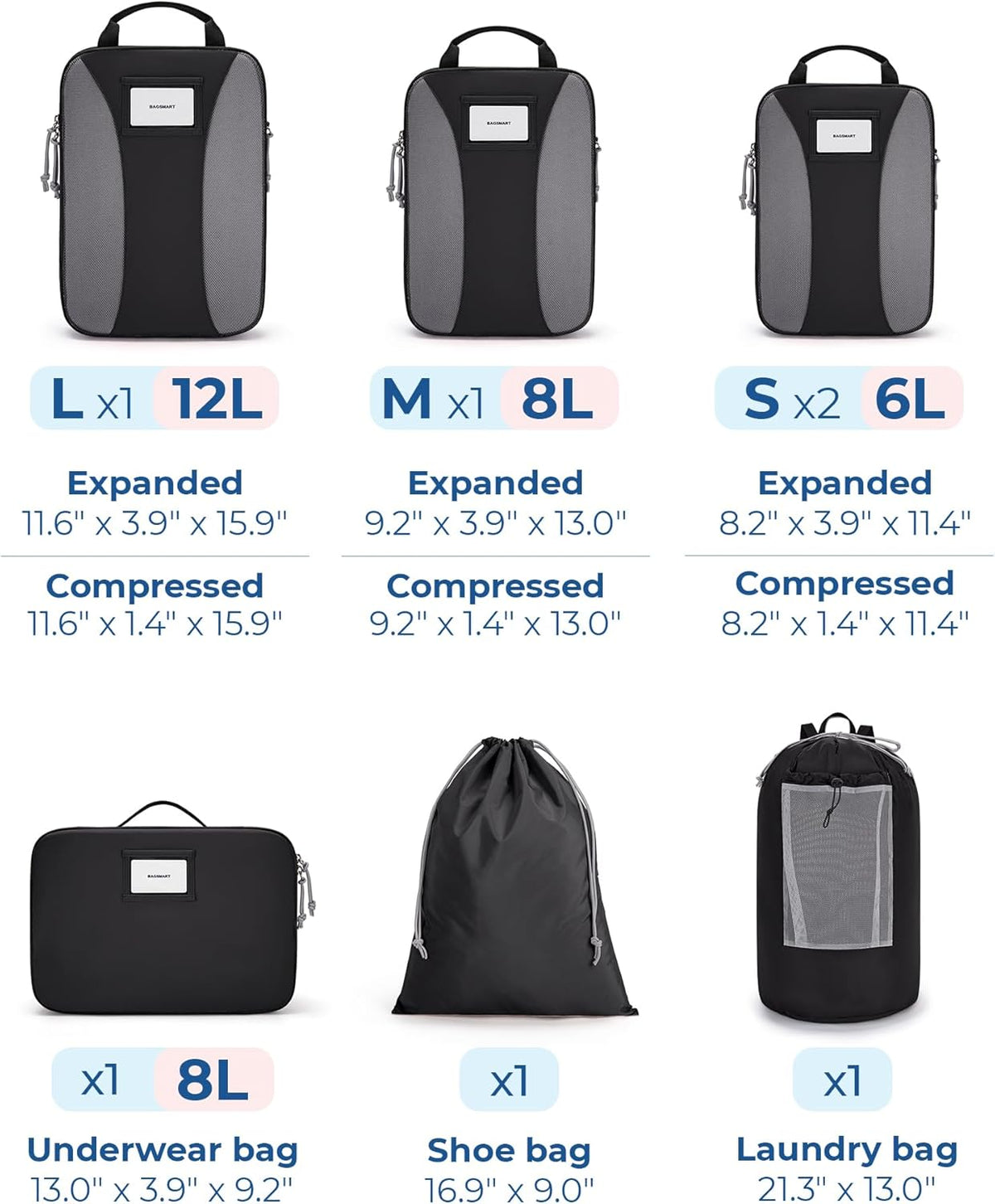 Compression Packing Cubes, 6 PCS Packing Cubes for Suitcases, Travel Bags Organizer for Luggage, Lightweight Packing Cube for Travel Essentials