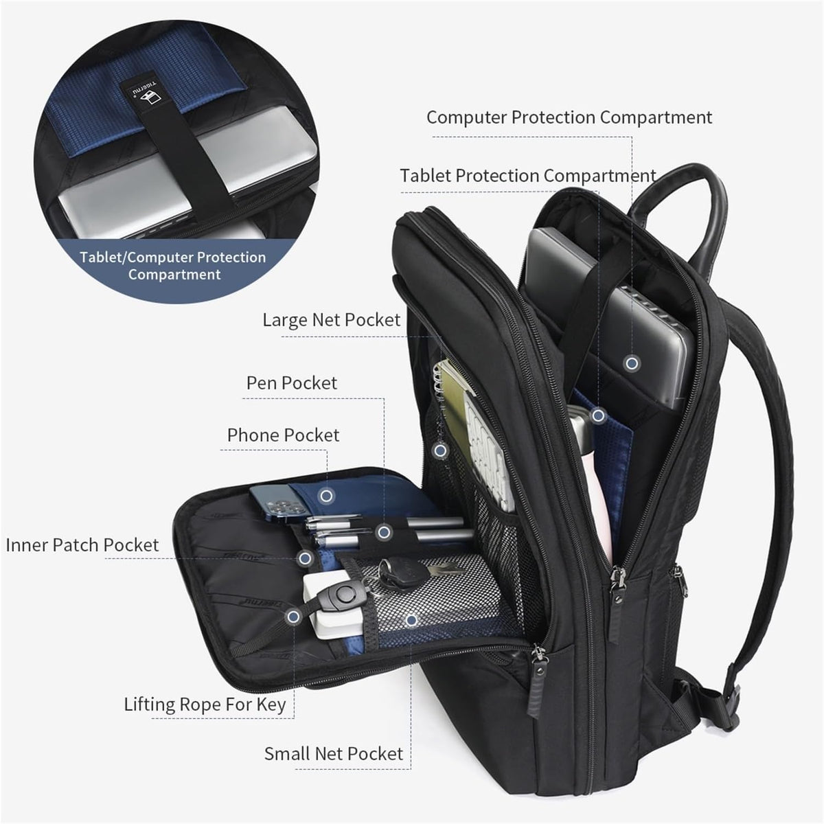 Expandable Backpack Men Thin Bags For Travel Waterproof Male 15.6inch Laptop Bag Mochilas Knapsack(Black 15.6inch)