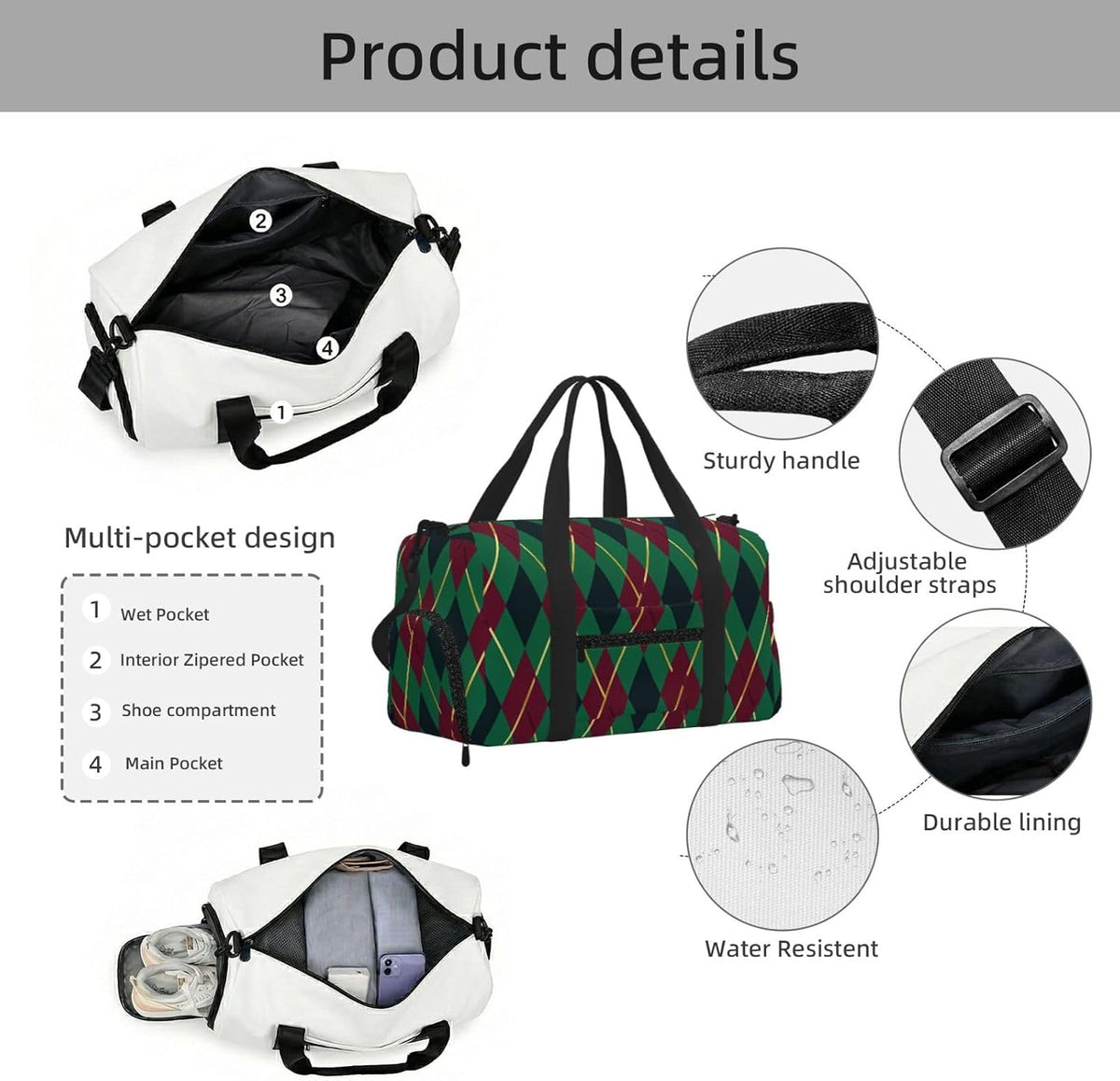 Abstract rhombus pattern Duffel Bag with Shoe Compartment-Sports Gym Weekender for Men Women, Waterproof Travel Tote with Wet Pocket for Dirty Shoes