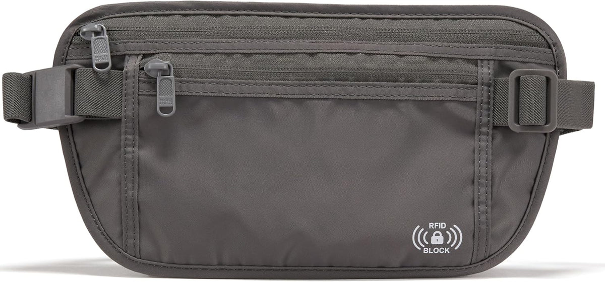 RFID Blocking Travel Money Belt – Hidden Waist Pouch for Passport, Cash, Cards, Slim Belt Bag for Men and Women, Light Grey