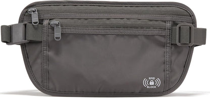 RFID Blocking Travel Money Belt – Hidden Waist Pouch for Passport, Cash, Cards, Slim Belt Bag for Men and Women, Light Grey