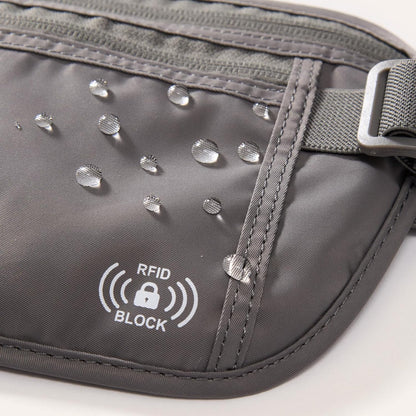 RFID Blocking Travel Money Belt – Hidden Waist Pouch for Passport, Cash, Cards, Slim Belt Bag for Men and Women, Light Grey