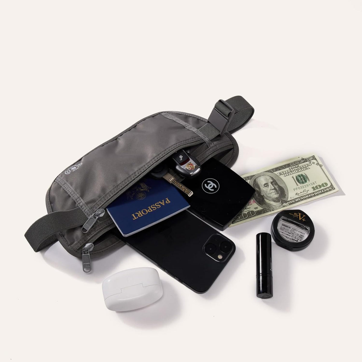 RFID Blocking Travel Money Belt – Hidden Waist Pouch for Passport, Cash, Cards, Slim Belt Bag for Men and Women, Light Grey