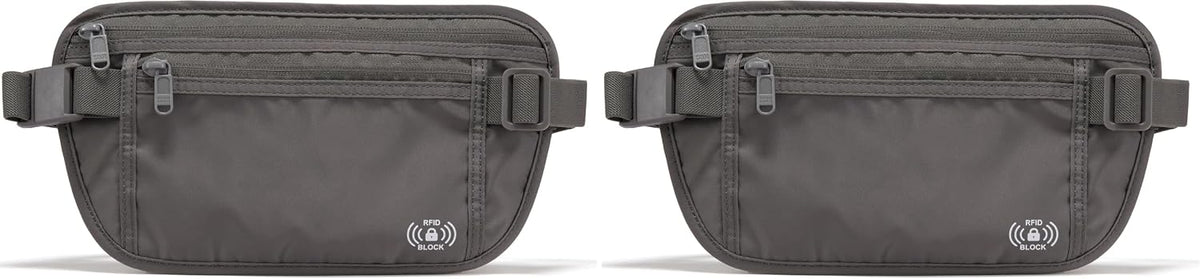 RFID Blocking Travel Money Belt – Hidden Waist Pouch for Passport, Cash, Cards, Slim Belt Bag for Men and Women, Light Grey