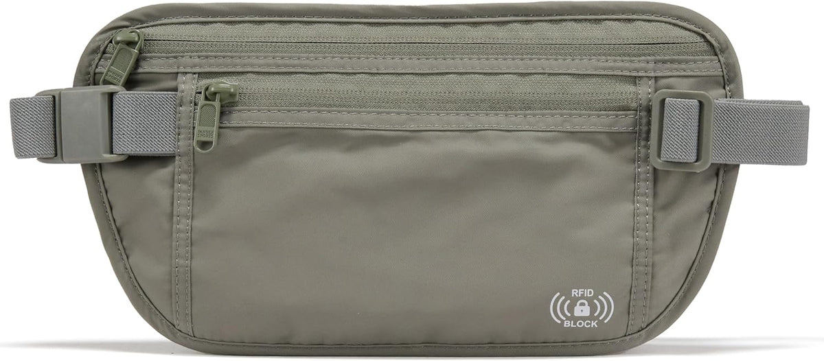 RFID Blocking Travel Money Belt – Hidden Waist Pouch for Passport, Cash, Cards, Slim Belt Bag for Men and Women, Light Grey