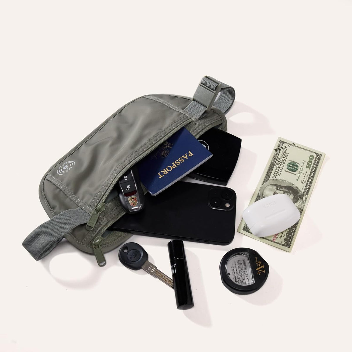 RFID Blocking Travel Money Belt – Hidden Waist Pouch for Passport, Cash, Cards, Slim Belt Bag for Men and Women, Light Grey