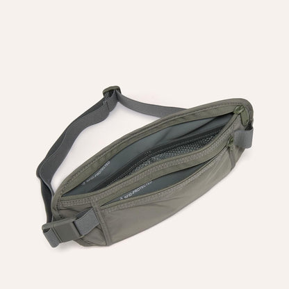 RFID Blocking Travel Money Belt – Hidden Waist Pouch for Passport, Cash, Cards, Slim Belt Bag for Men and Women, Light Grey