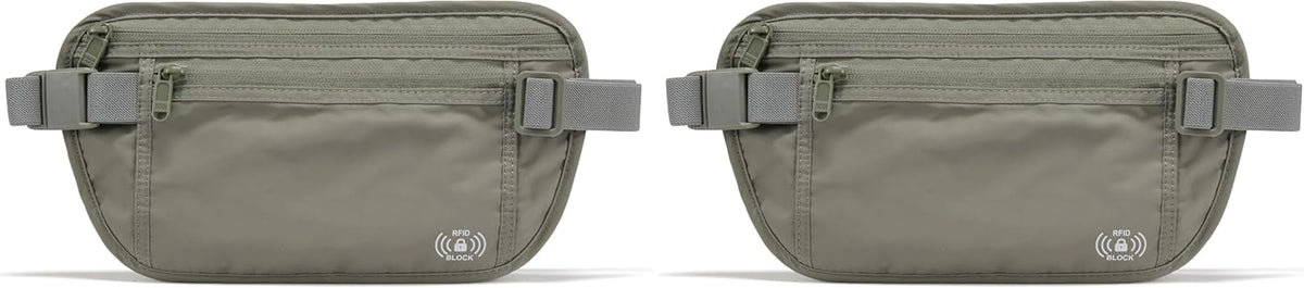 RFID Blocking Travel Money Belt – Hidden Waist Pouch for Passport, Cash, Cards, Slim Belt Bag for Men and Women, Light Grey