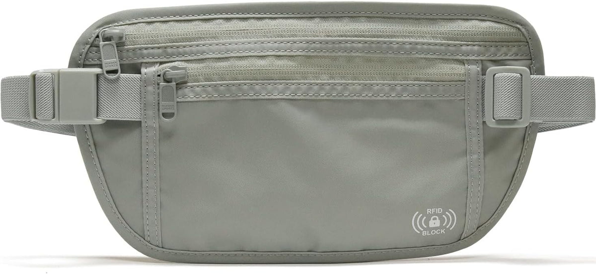 RFID Blocking Travel Money Belt – Hidden Waist Pouch for Passport, Cash, Cards, Slim Belt Bag for Men and Women, Light Grey
