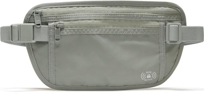RFID Blocking Travel Money Belt – Hidden Waist Pouch for Passport, Cash, Cards, Slim Belt Bag for Men and Women, Light Grey