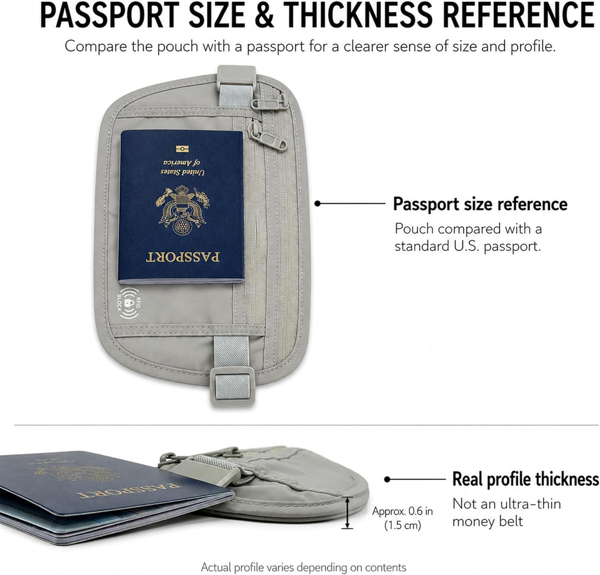 RFID Blocking Travel Money Belt – Hidden Waist Pouch for Passport, Cash, Cards, Slim Belt Bag for Men and Women, Light Grey