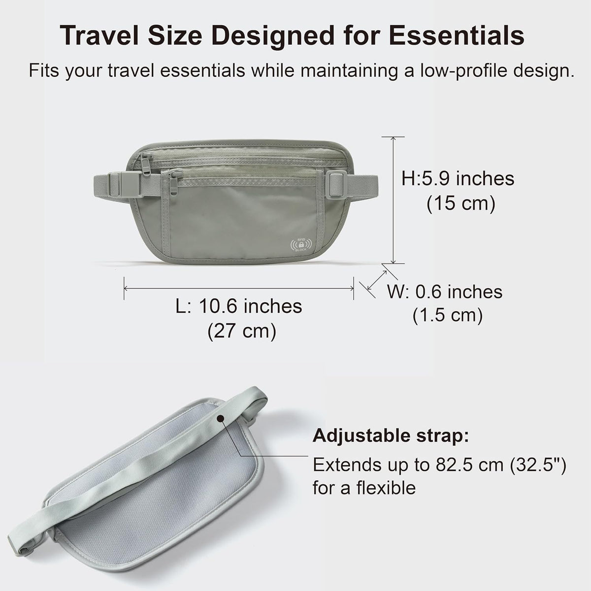 RFID Blocking Travel Money Belt – Hidden Waist Pouch for Passport, Cash, Cards, Slim Belt Bag for Men and Women, Light Grey