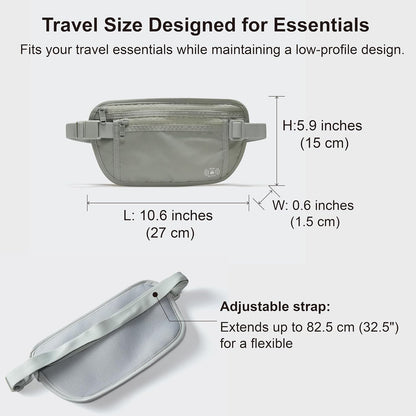 RFID Blocking Travel Money Belt – Hidden Waist Pouch for Passport, Cash, Cards, Slim Belt Bag for Men and Women, Light Grey