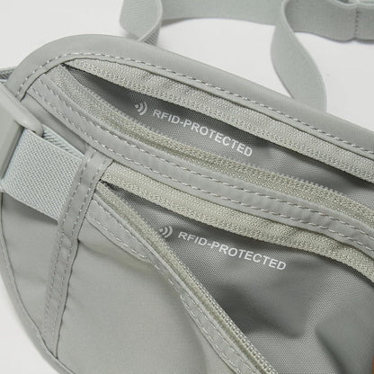 RFID Blocking Travel Money Belt – Hidden Waist Pouch for Passport, Cash, Cards, Slim Belt Bag for Men and Women, Light Grey
